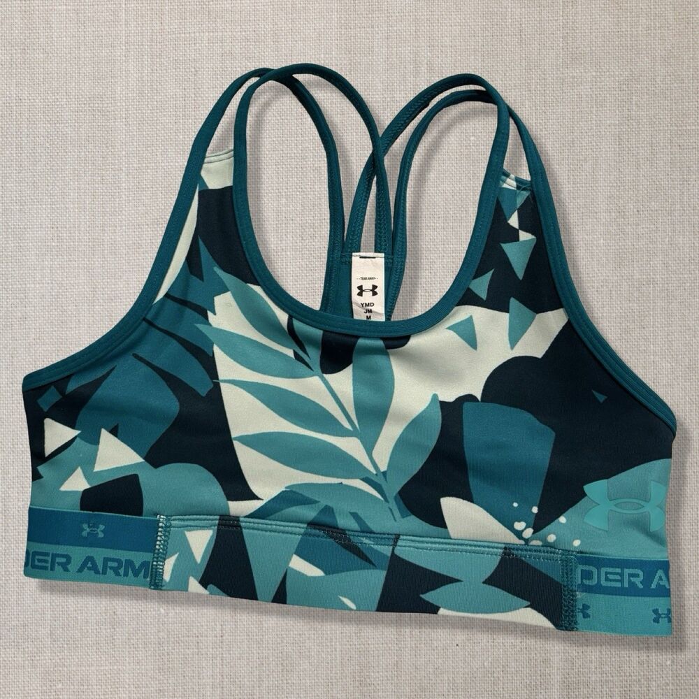 Under Armour Girls YMD Medium Sports Bra Teal Tropical Leaf Print HeatGear